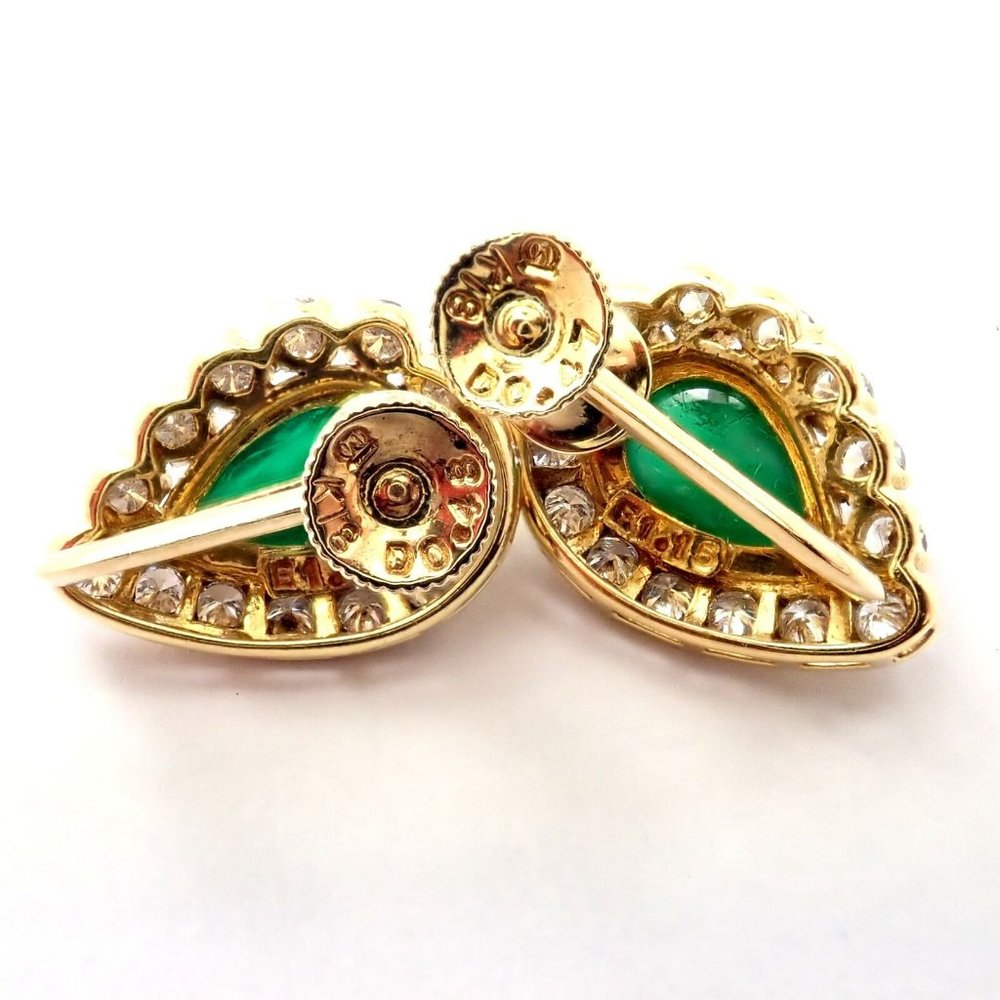 Authentic! Mikimoto 18k Yellow Gold Diamond Teardrop Emerald Screw Back Earrings - Picture 6 of 8